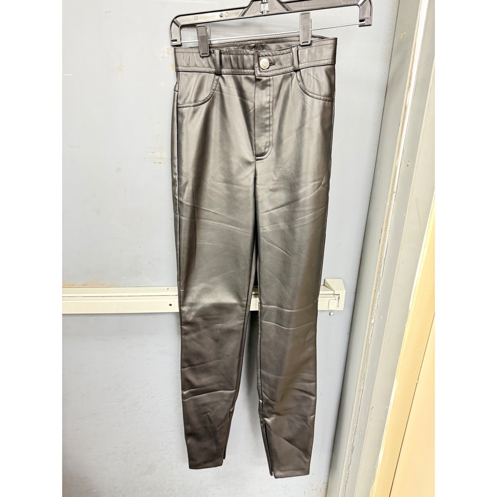 Zara Black Faux Leather High Waisted Slim Fit Pants XS Ankle Zip 2904/707